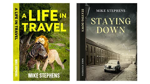 A screenshot of Mike's two books, A Life in Travel and Staying Down. The book A Life in Travel has an image of a lion eating a zebra amongst some green foliage. The book staying down has a photo of a card in between two rows of houses and the sky is grey and there is a dark tint to the image which makes it look old.